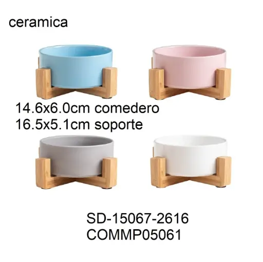 [6937260305061] Comedero de cerámica con soporte de madera 14,6 x 6cm