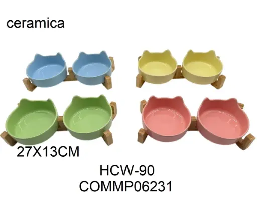[6937260106231] Comedero de cerámica doble con soporte de madera 27 x 13cm